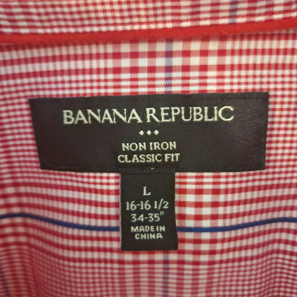 Banana Republic Mens Non Iron Classic Fit Shirt Red Glen Plaid Cotton Large‎ L